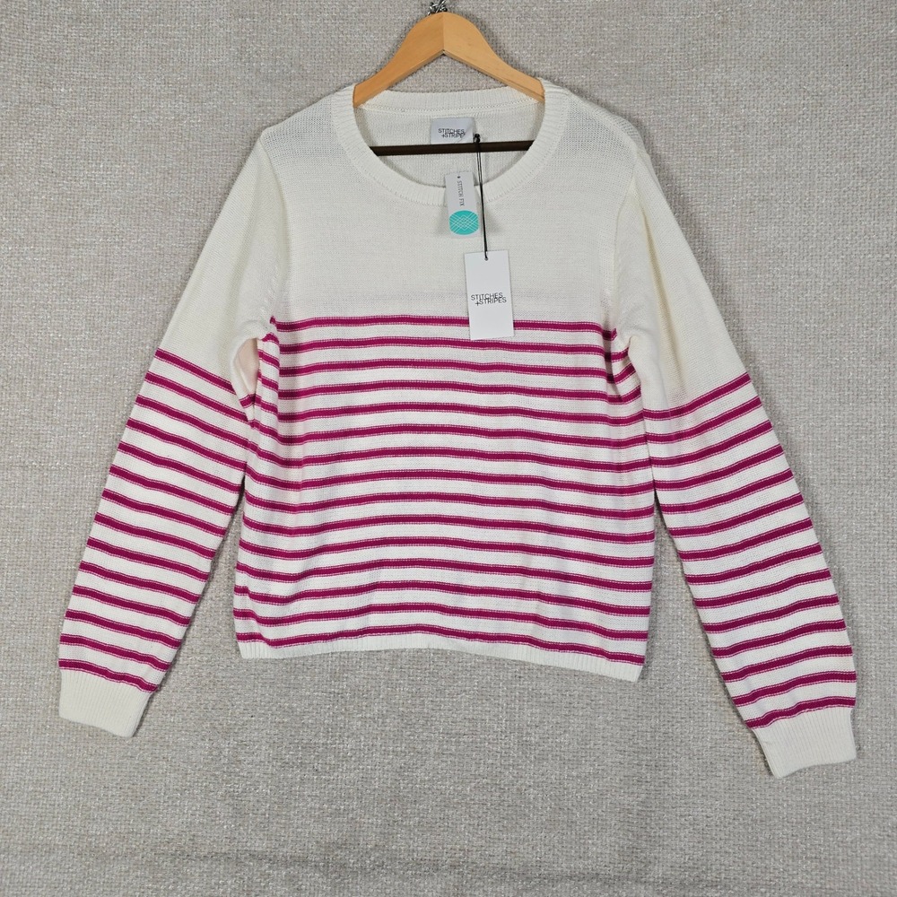 Stitches + Stripes Aubrey Striped Crewneck Pullover Sweater White Pink Large NEW